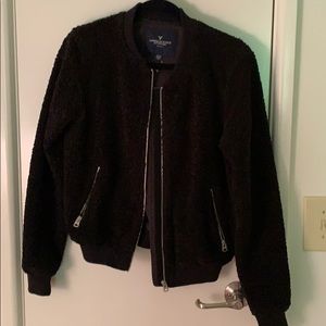 Black fluffy bomber jacket